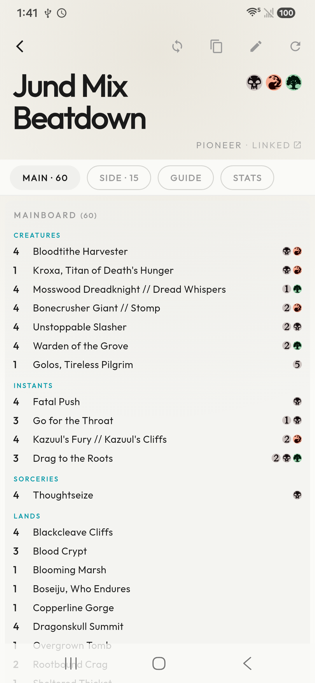 LifePad Jund Mix Beatdown deck with card quantities, mana costs, and mainboard categories.