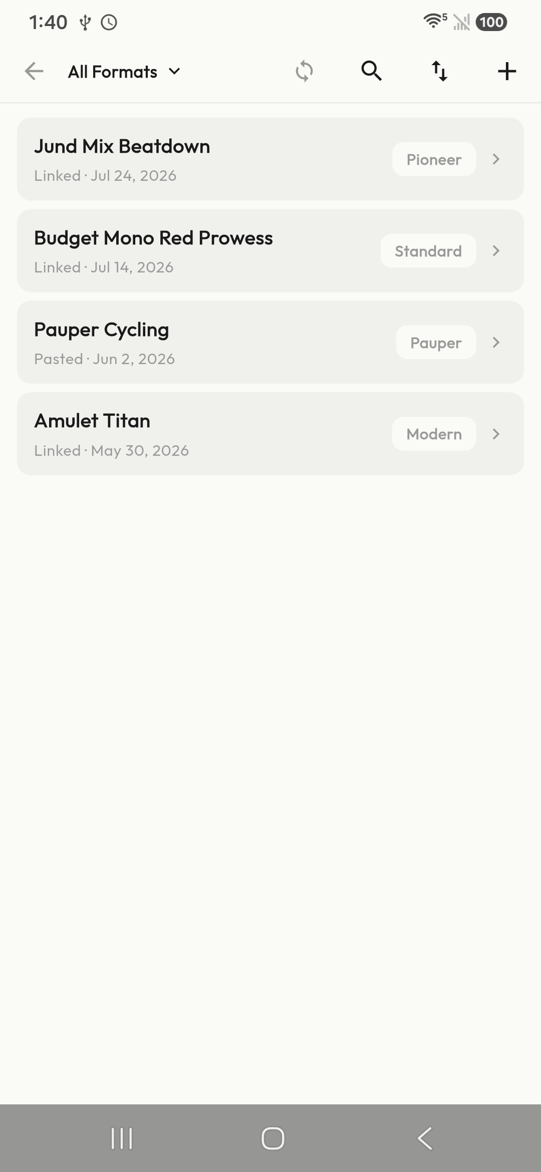 LifePad deck library listing four saved decks and their formats.