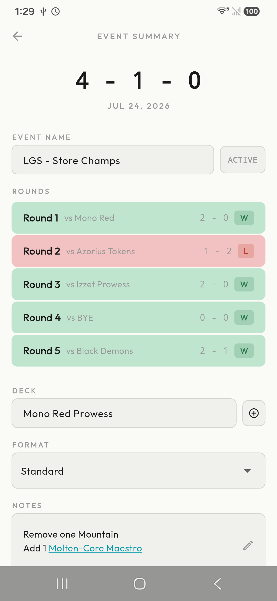 LifePad event summary showing a four-win, one-loss record, the selected deck, and individual round results.