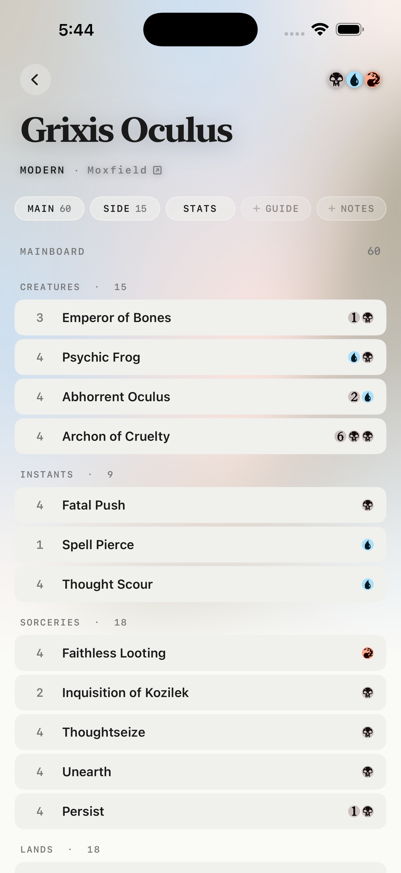 LifePad for iOS showing a deck list with card quantities and mainboard categories.