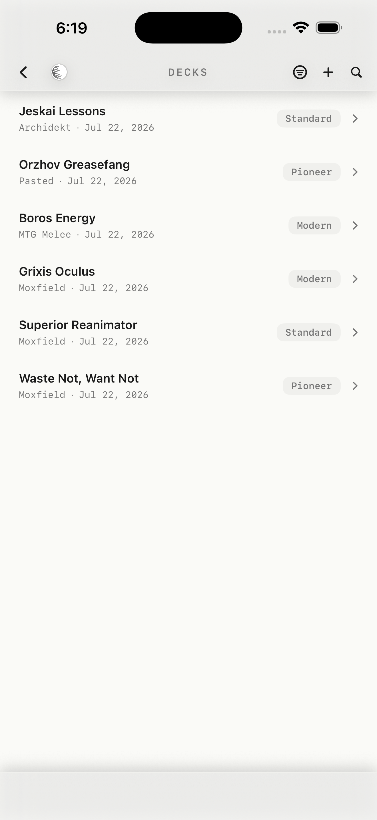 LifePad for iOS showing saved decks organized in a deck library.