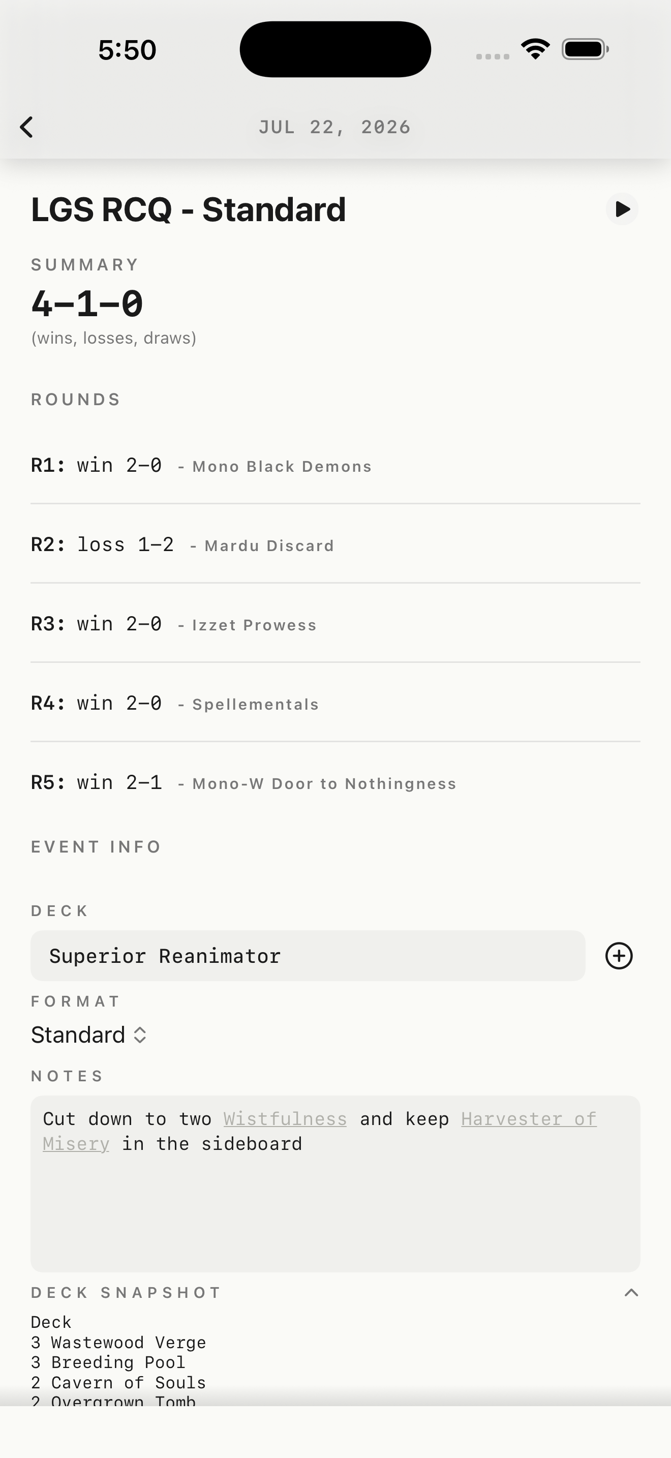 LifePad for iOS showing an event record and individual round results.