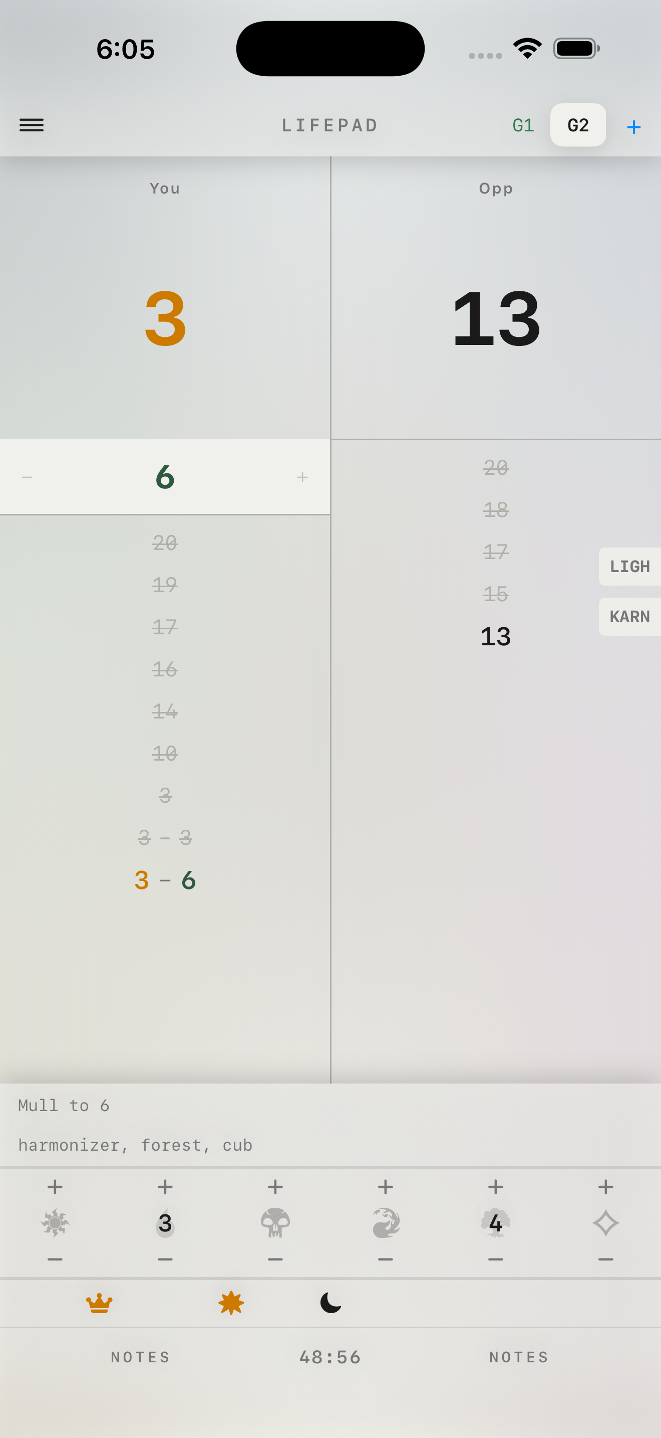 LifePad for iOS showing mana controls and crown, star, and moon game trackers below the life totals.