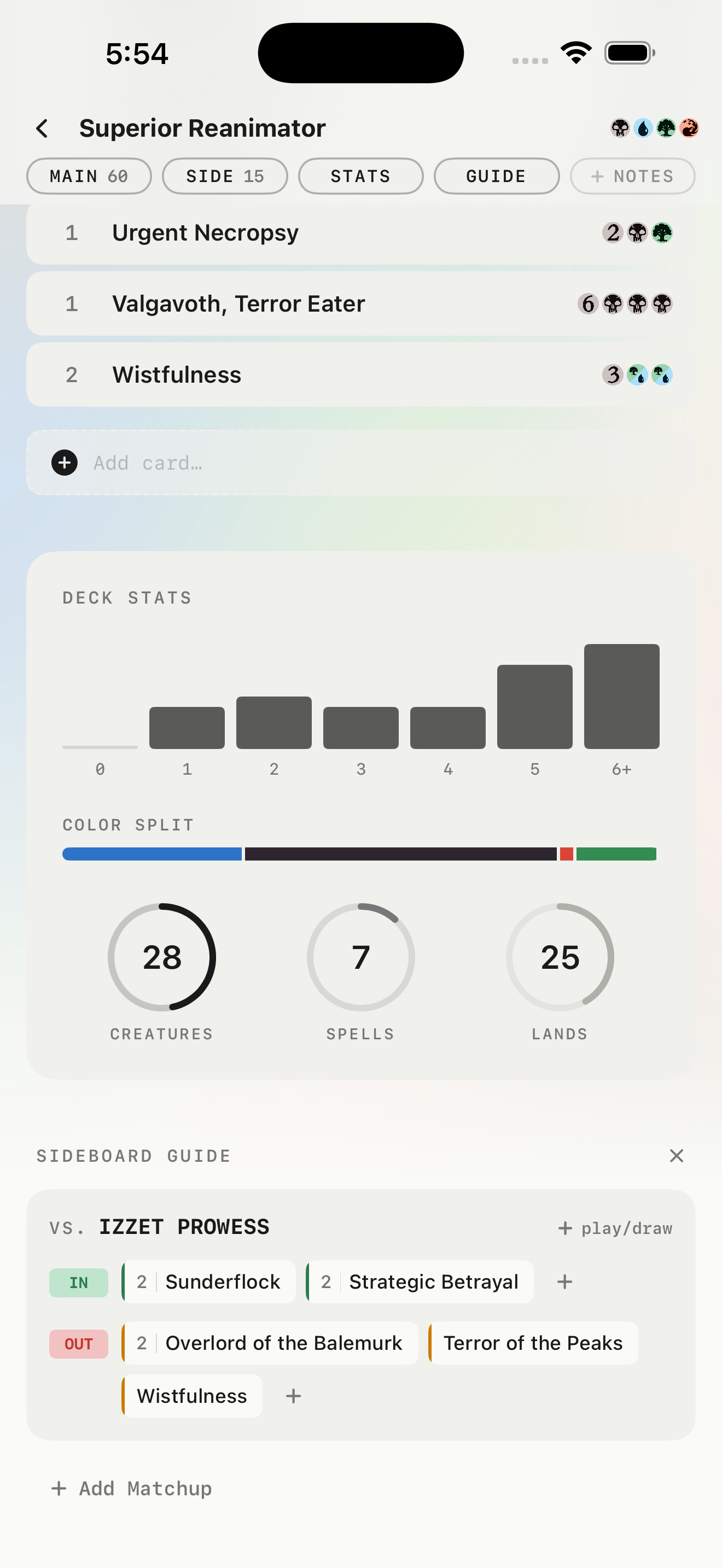 LifePad for iOS showing a sideboard guide with cards to bring in and take out.