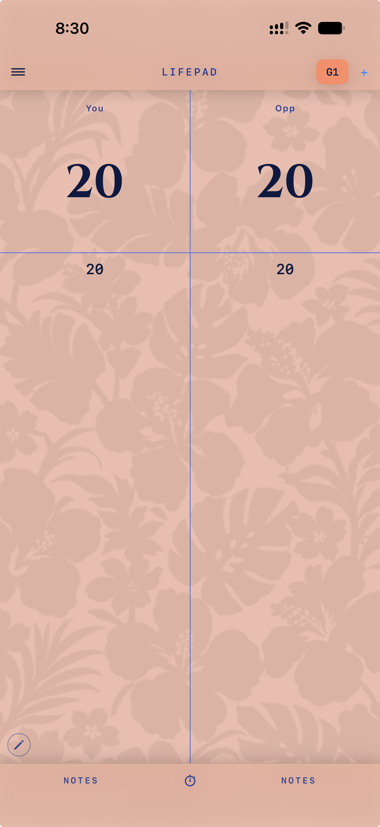 LifePad for iOS showing a game screen with a salmon-colored floral theme.