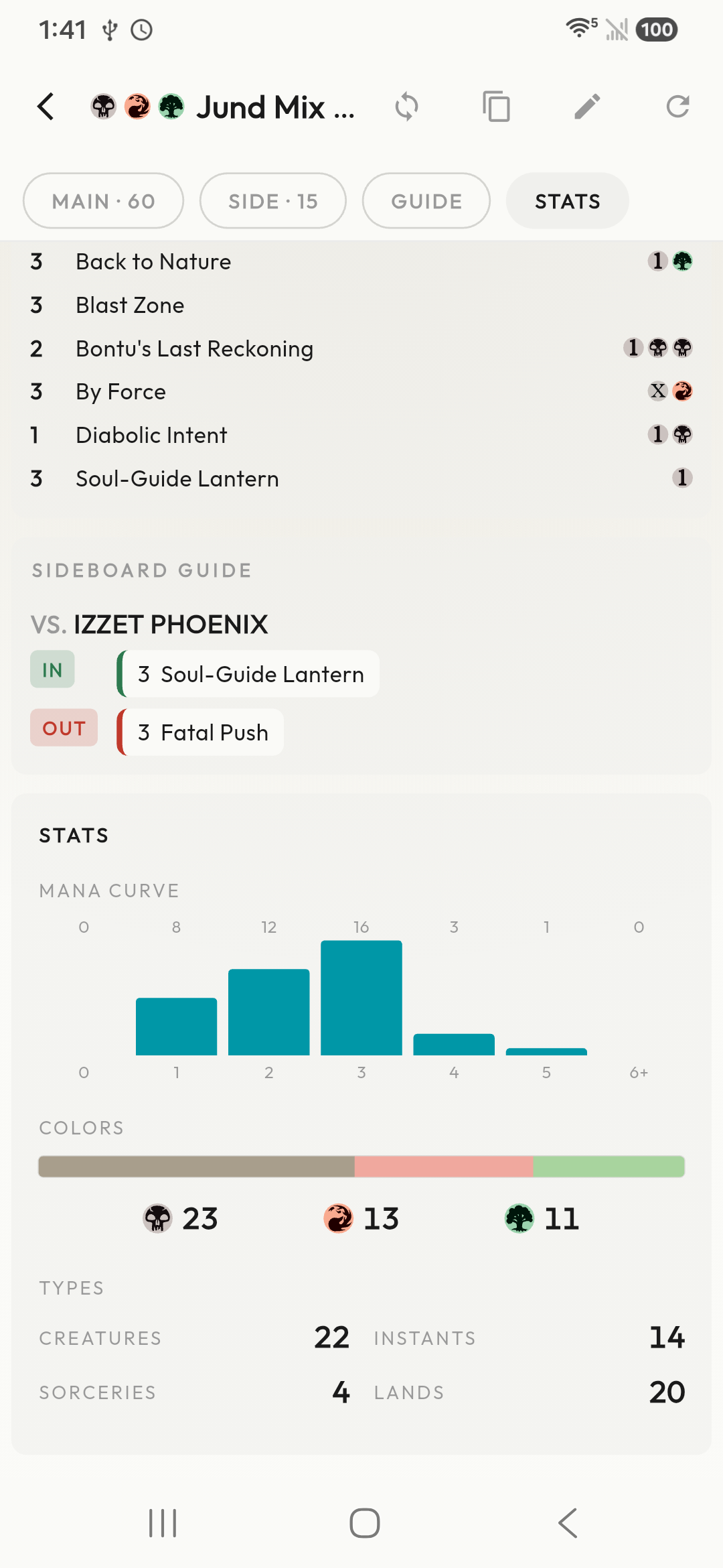LifePad sideboard guide showing cards to bring in and take out, with mana-curve statistics.