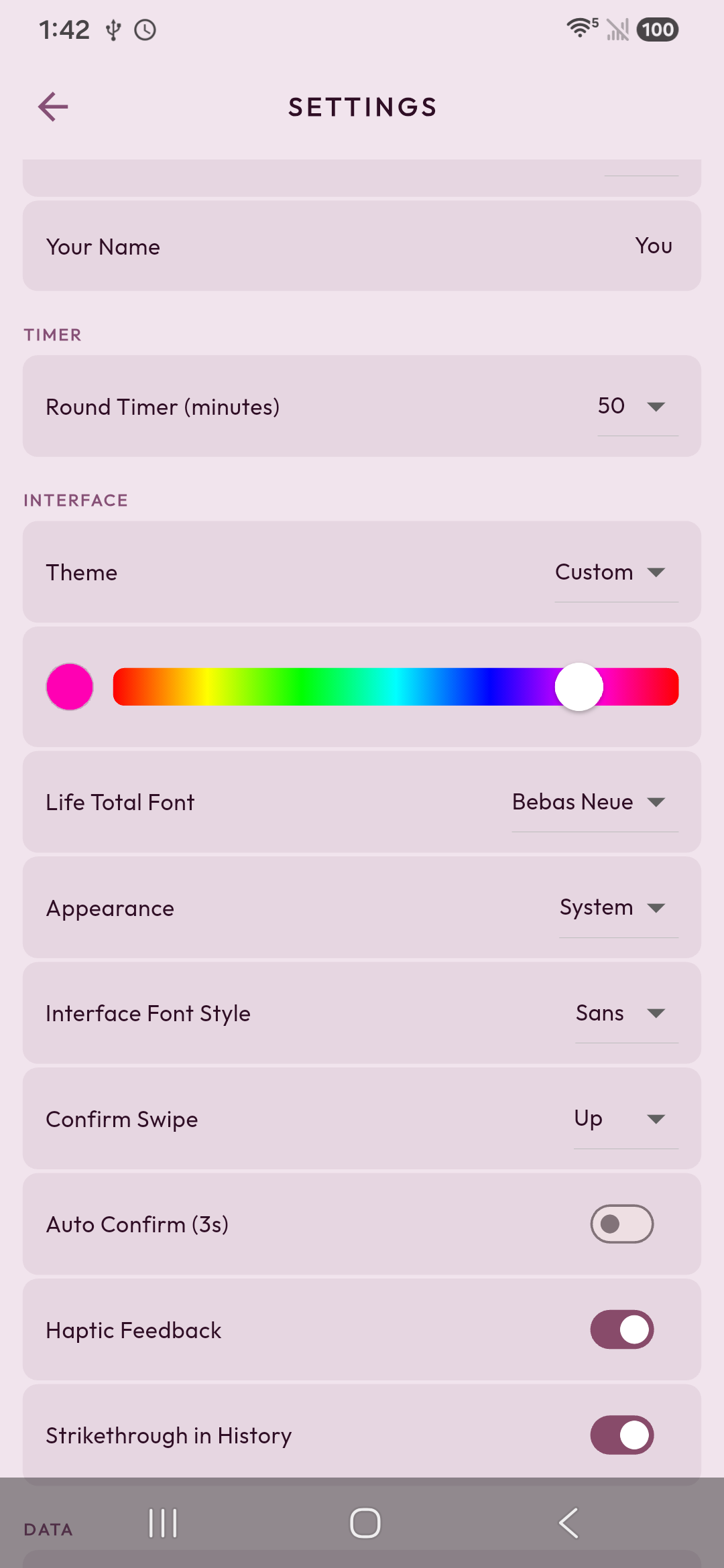 LifePad settings showing a custom pink theme, color selector, and font and interface options.